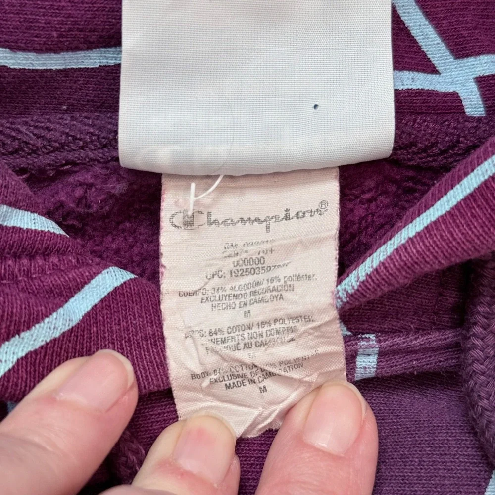 Champion Reverse Weave All Over Logo Hoodie Sweatshirt Pullover Purple Medium - Picture 6 of 7